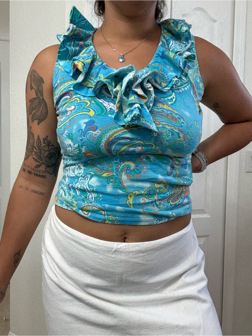 Ralph Lauren Turquoise Paisley Ruffle V-Neck Camisole